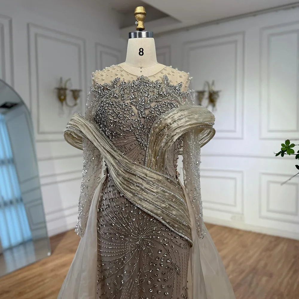 Luxury Nude Beaded Mermaid Evening Dress with Overskirt LA72932