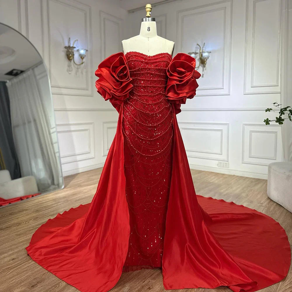 Red Long Cape Pearls Beaded Mermaid Evening Dress Gown LA72585A
