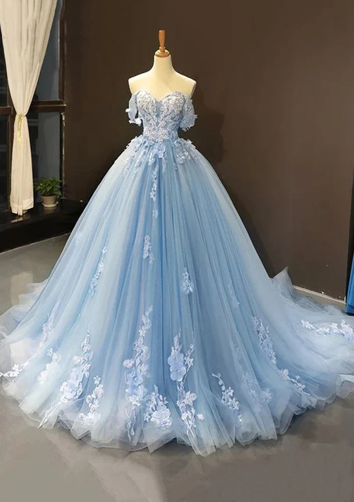 Serene Hill Arabic Blue Ball Gown Off-the-Shoulder Tulle Prom Dress with Appliqués for Women's Party LA72679