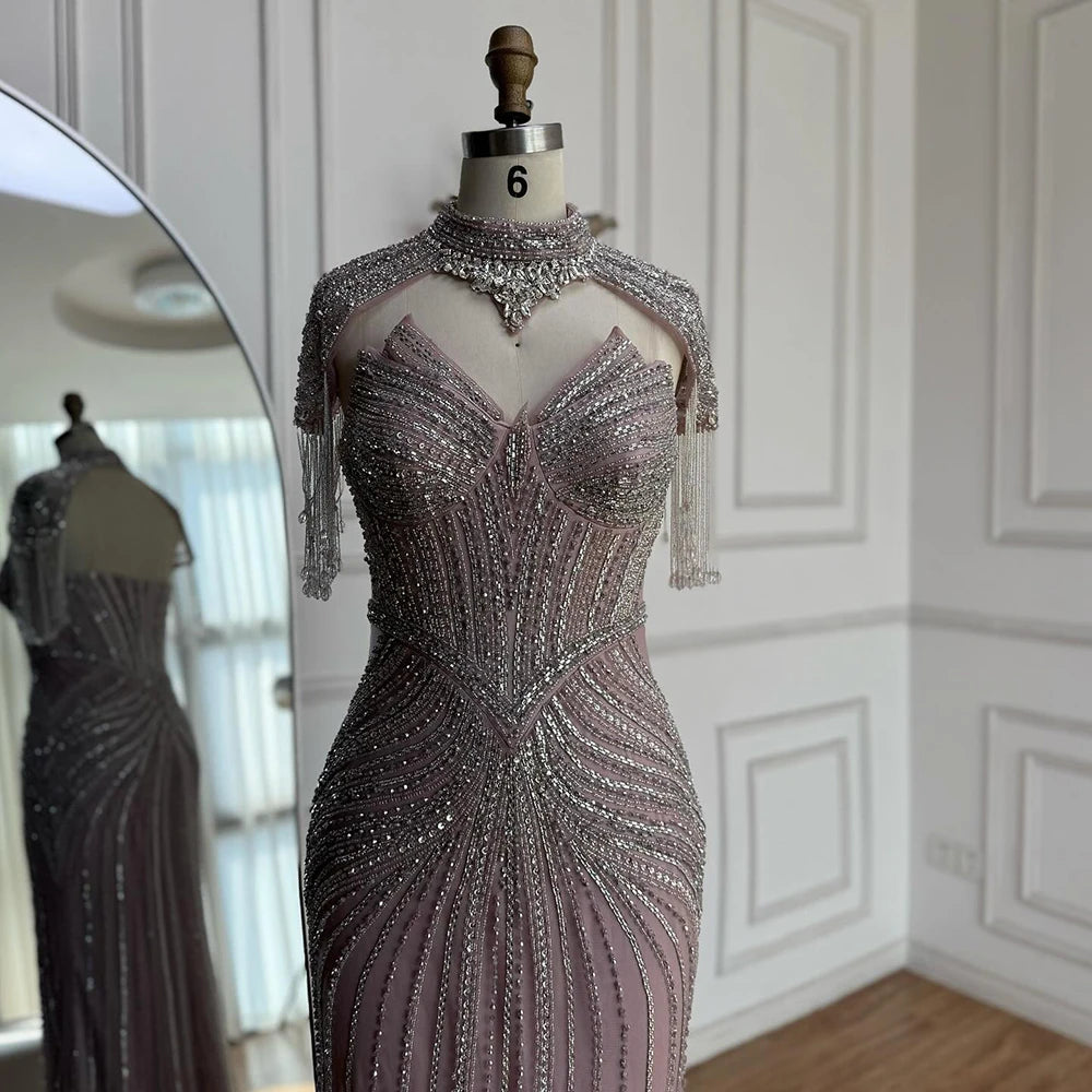 Nude Mermaid Evening Dress with Detachable High Neck Tassel LA72891A