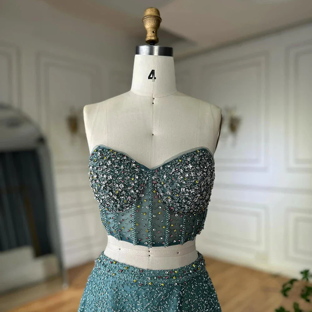 Luxury Dubai Customize Saudi Turquoise Two-Piece Evening Dress with High Split for Formal Occasion LA72786