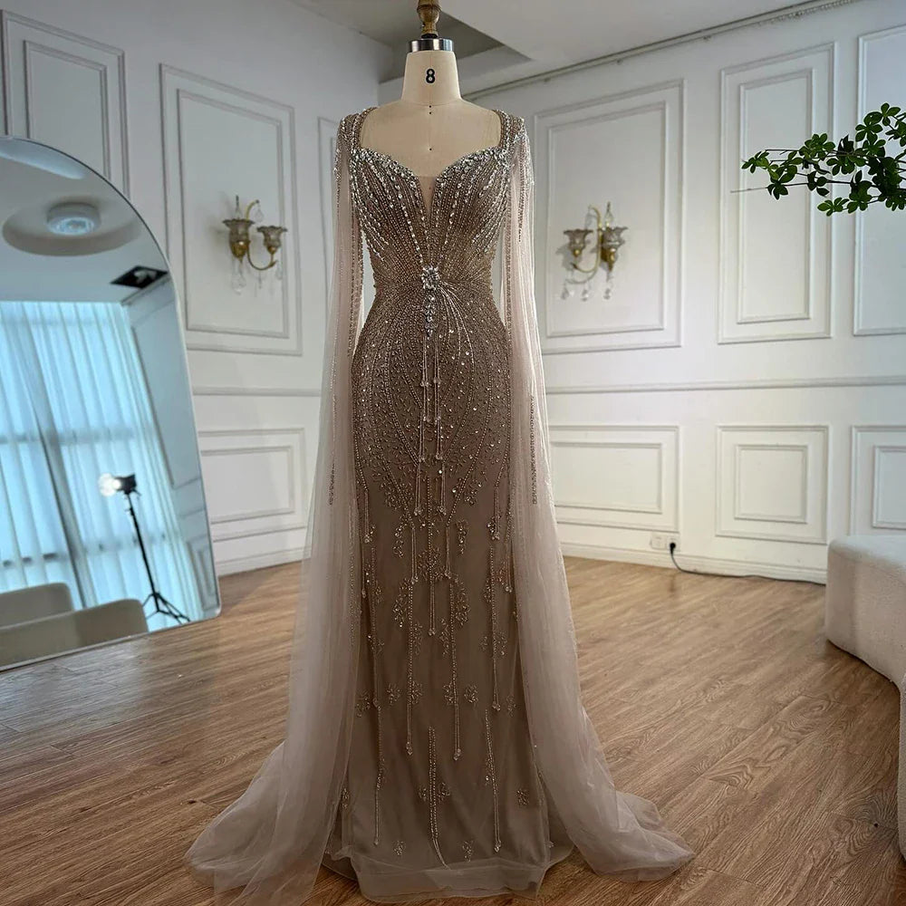 Luxury Designer Beige Beaded Evening Dress with Cape Sleeves LA72992