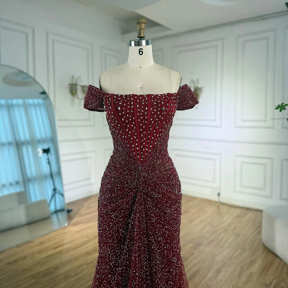 Luxury Designer Beaded Silver Nude Mermaid Evening Dress LA72905