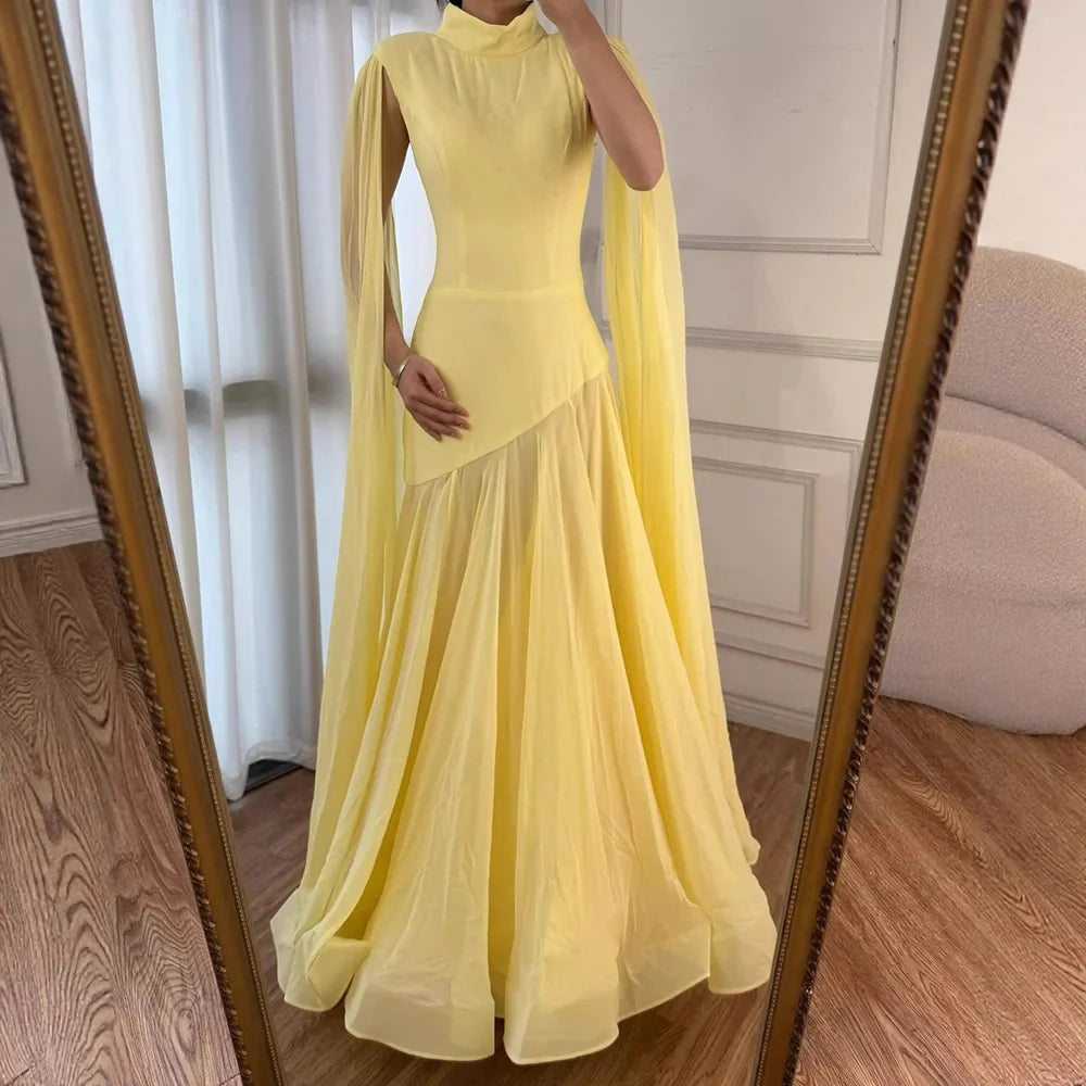 Luxury Yellow High Neck A-Line Evening Dress with Cape Sleeves LA73097