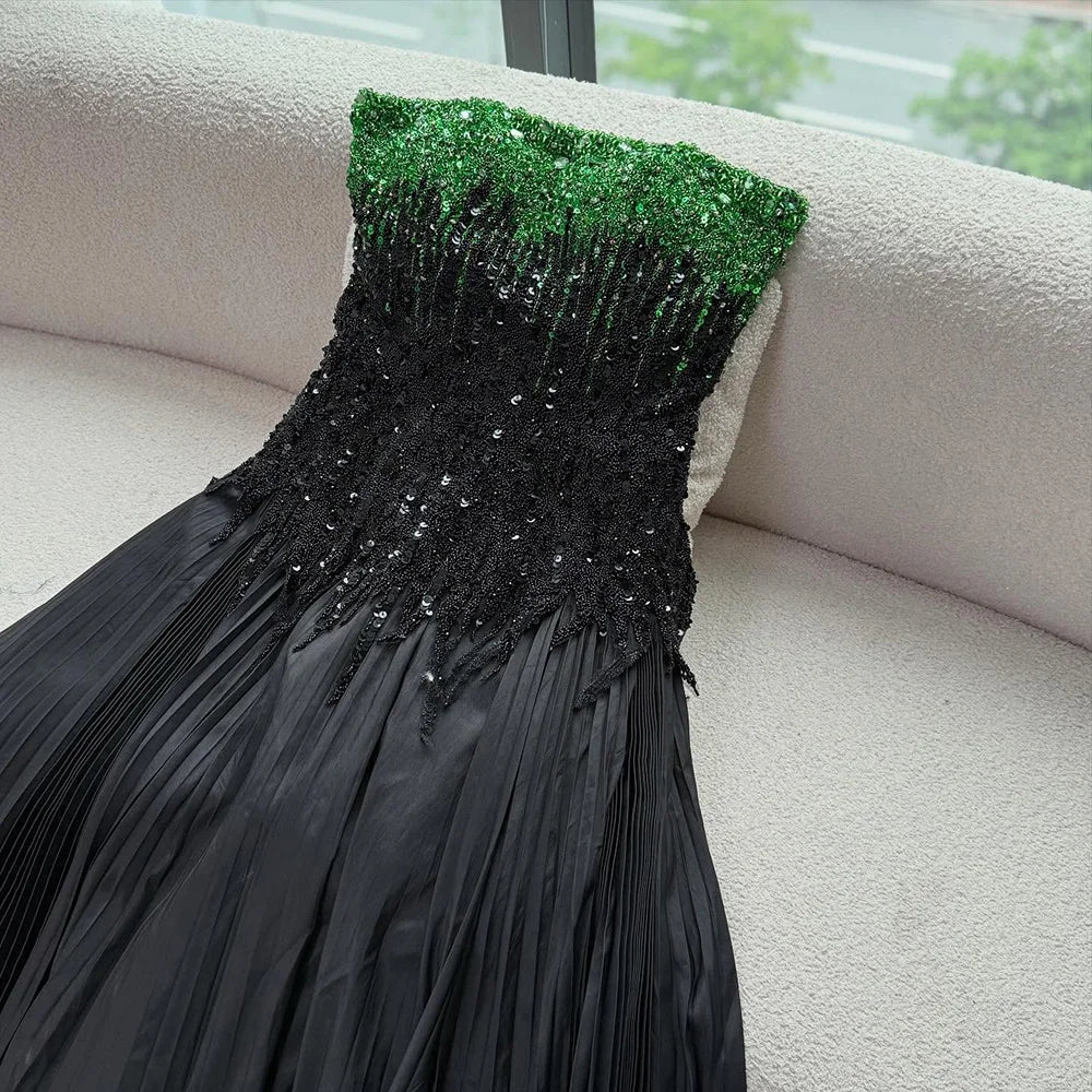Luxury Beaded Black Green Off Shoulder Dubai Evening Dress for Party LA72406