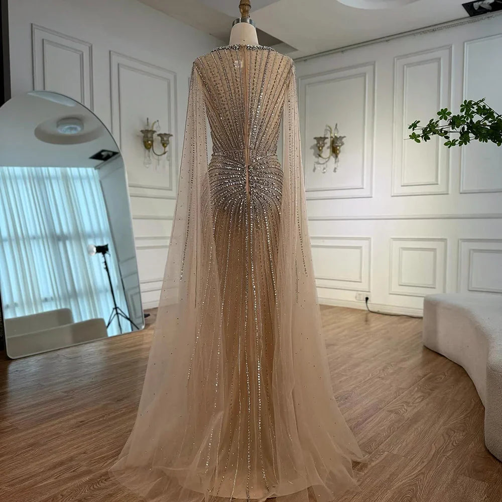 Luxury Nude Beaded Evening Dress with Cape Sleeves LA72575C