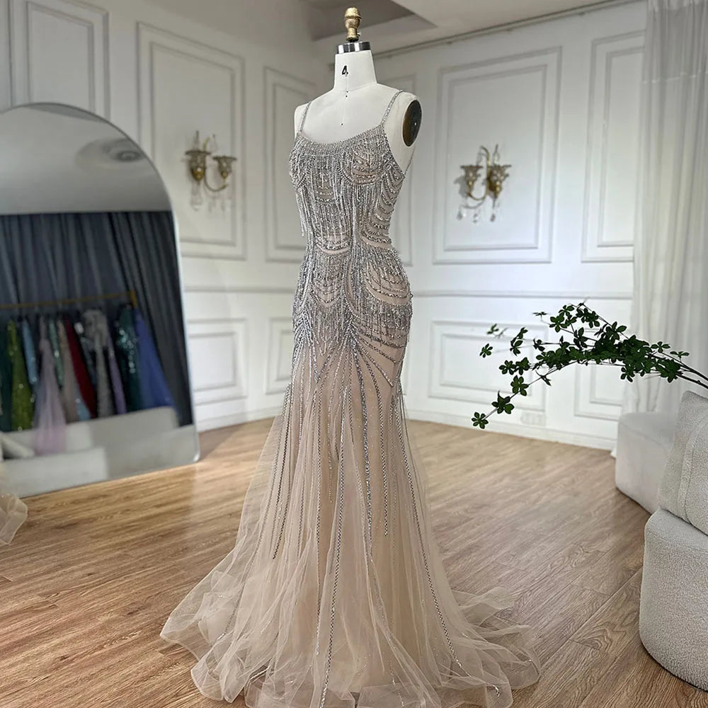 Luxury Dubai Silver Nude Spaghetti Strap Mermaid Evening Dress Gown with Luxury Beaded Tassels for Formal Occasion LA72772