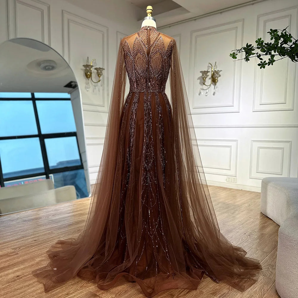 Luxury Brown Beaded Evening Gown with Cape Arabic Style LA72951