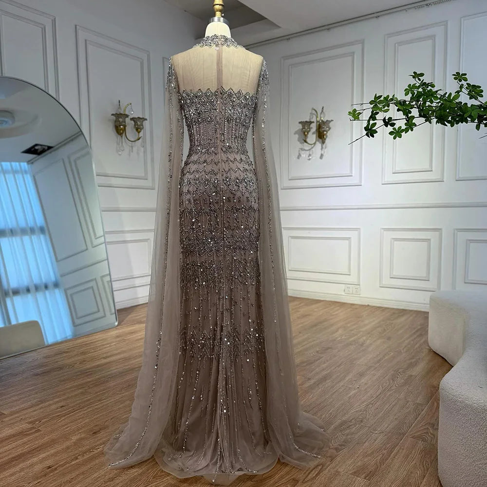 Luxury Nude Beaded Evening Dress with Long Cape Sleeves LA72714A