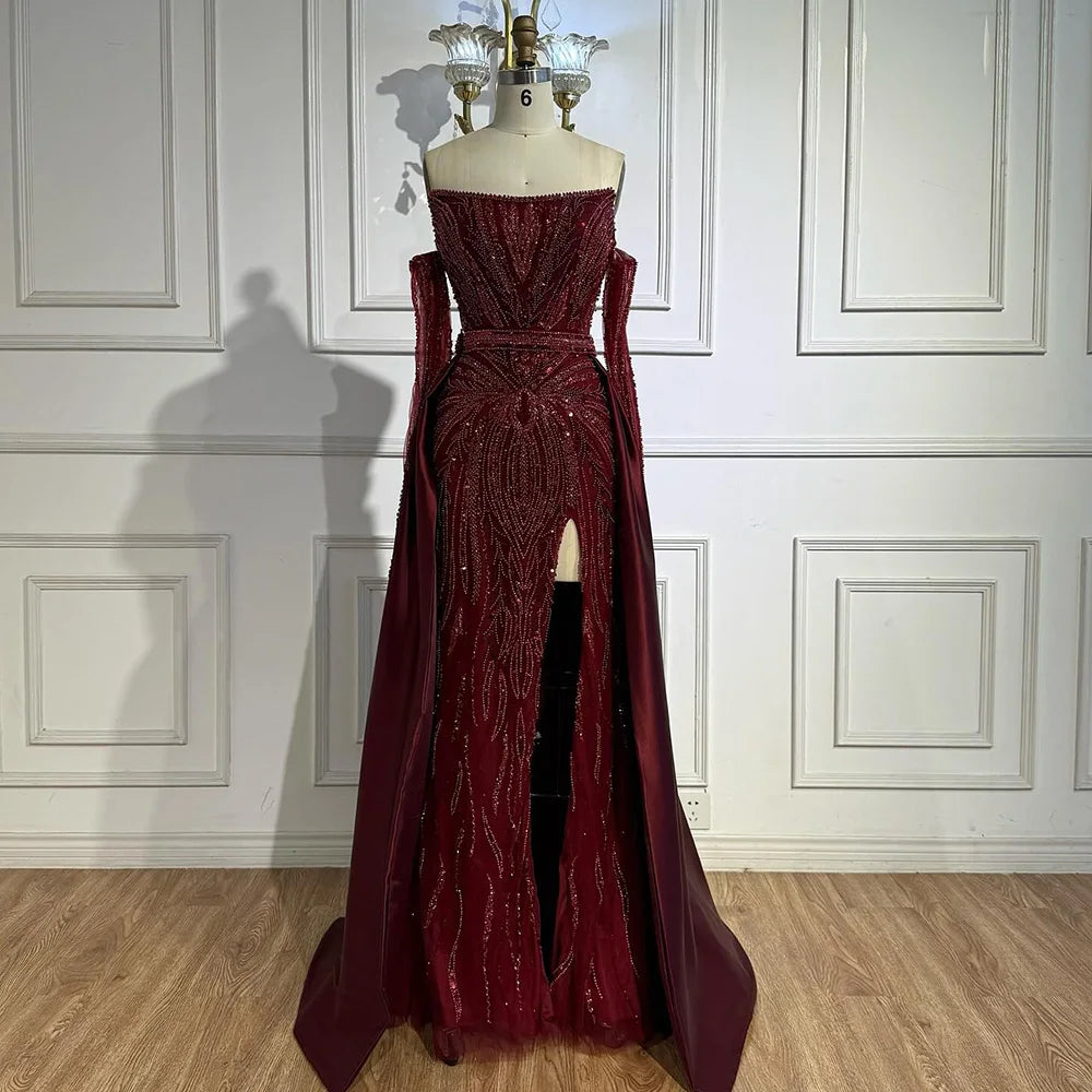Luxury Wine Red Beaded Evening Dress Gown with Gloves and Overskirt LA72935