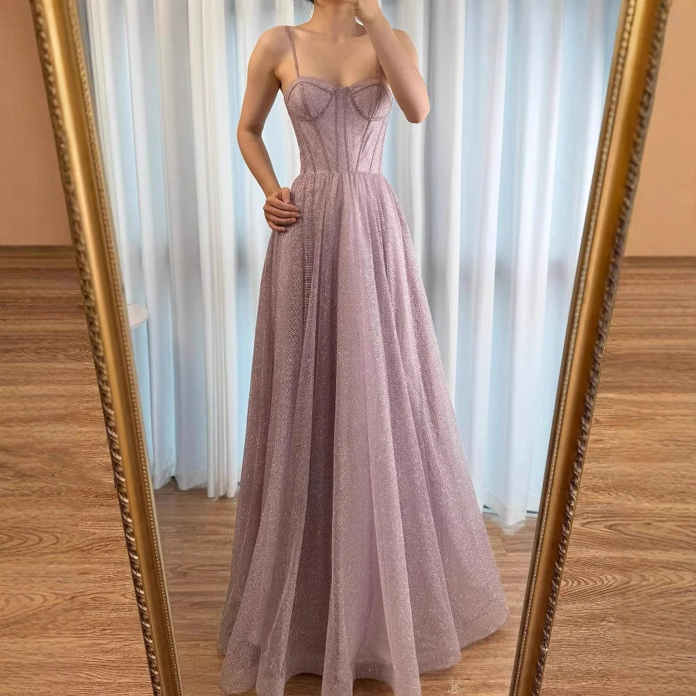 Luxury Pink Glitter A-Line Evening Dress with Corset Bodice LA73017