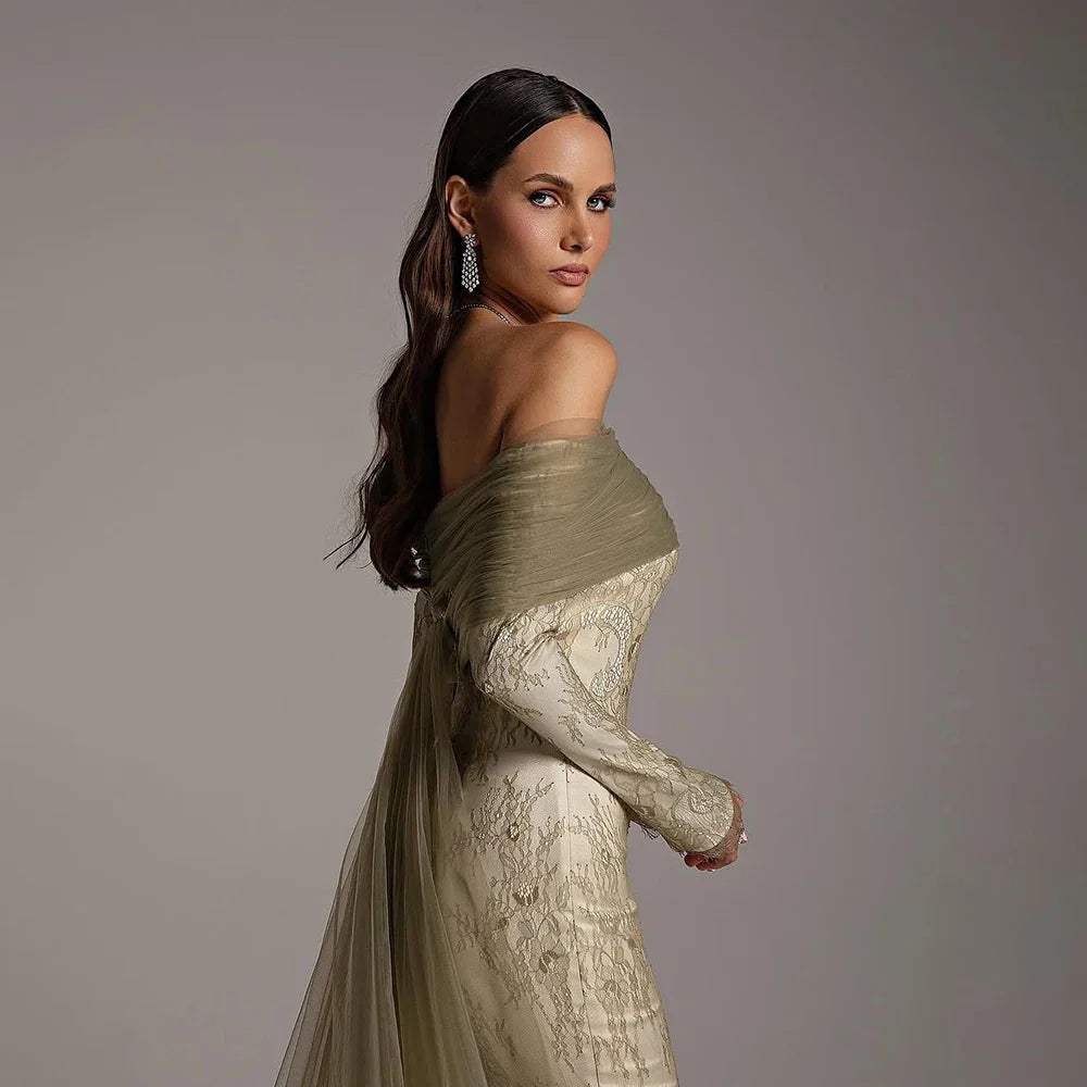 Olive Green Off Shoulder Beaded Evening Dress Gown with Lace Sleeves LA72942