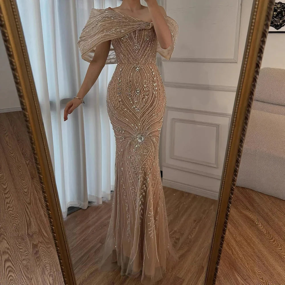 Luxury Silver Nude Off Shoulder Mermaid Evening Dress LA72878