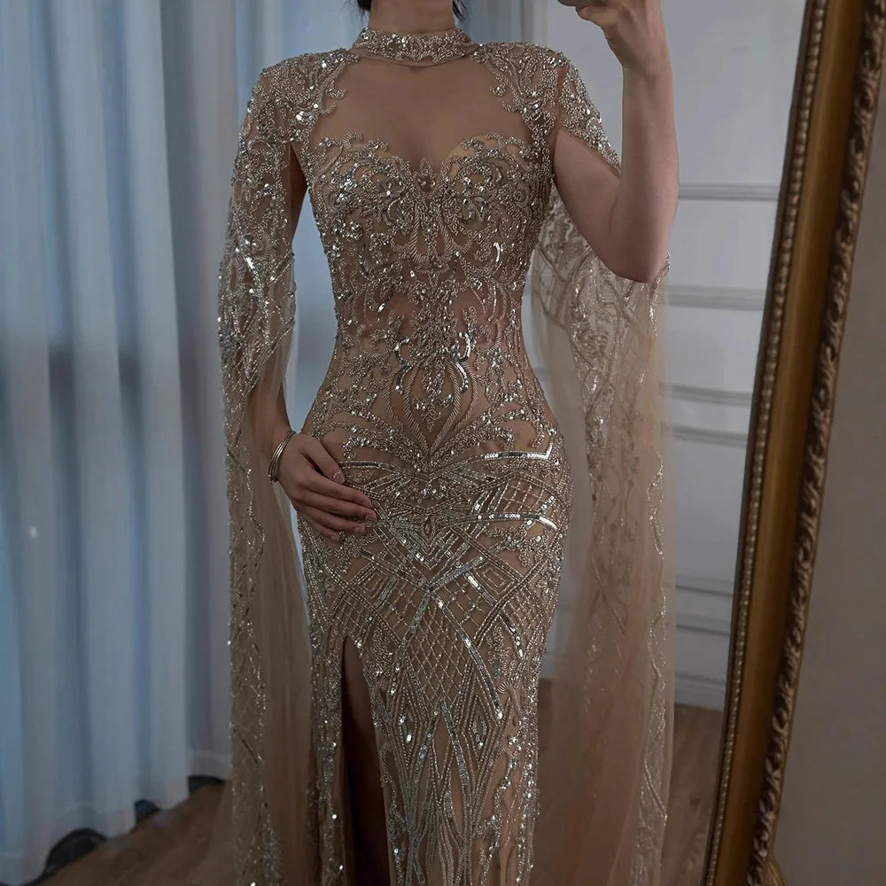 Luxury Nude Beaded Mermaid Evening Dress with Cape LA71747