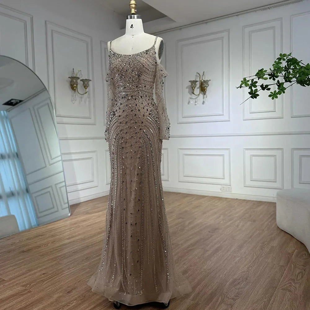 Luxury Nude Navy Blue Silver Beaded Evening Dress with Long Sleeves LA73120