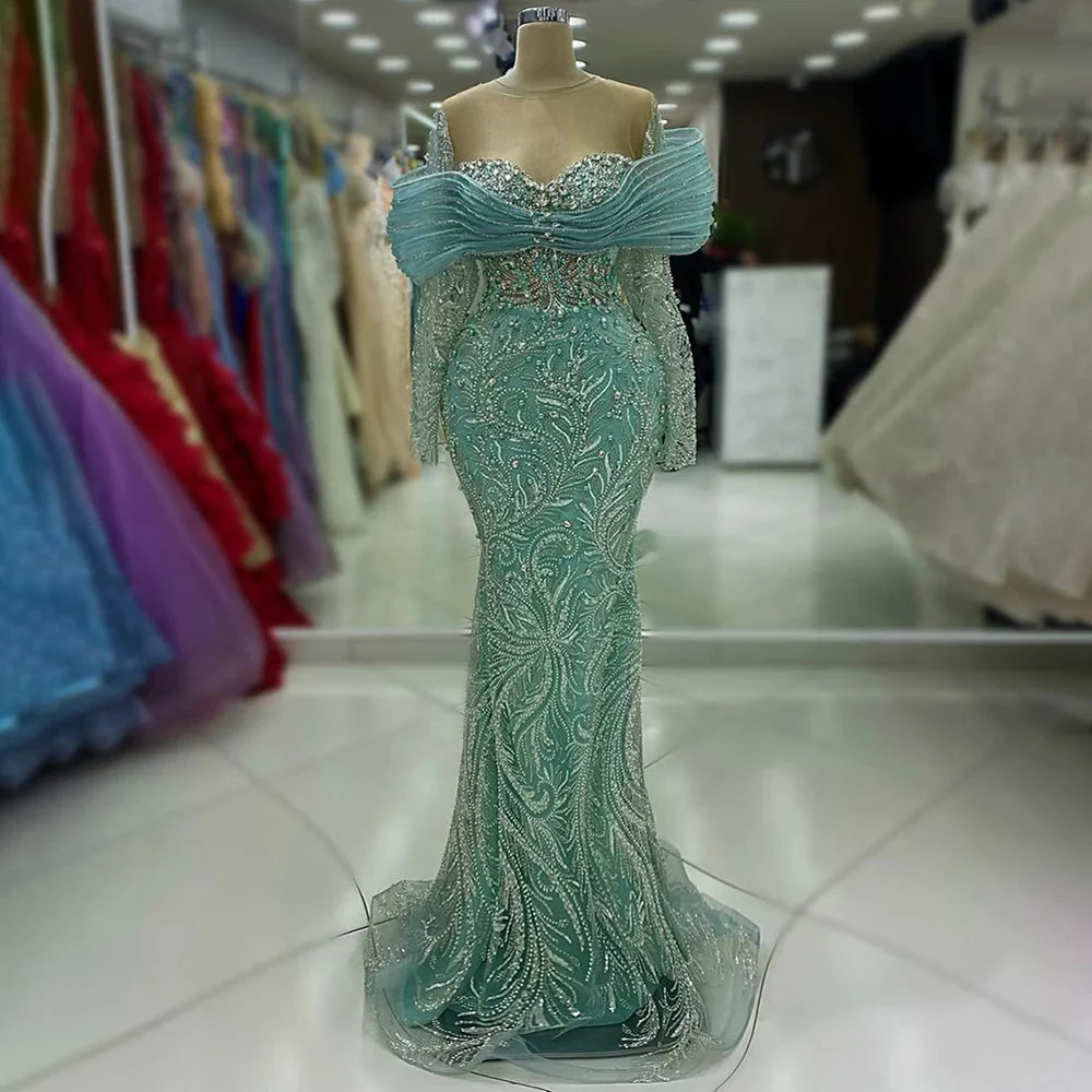 Luxury Blue Designer Evening Dress with Long Sleeves Overskirt LA72841