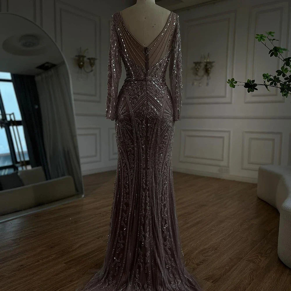 Luxury Dubai Beaded Evening Dress With Long Sleeve LA72518