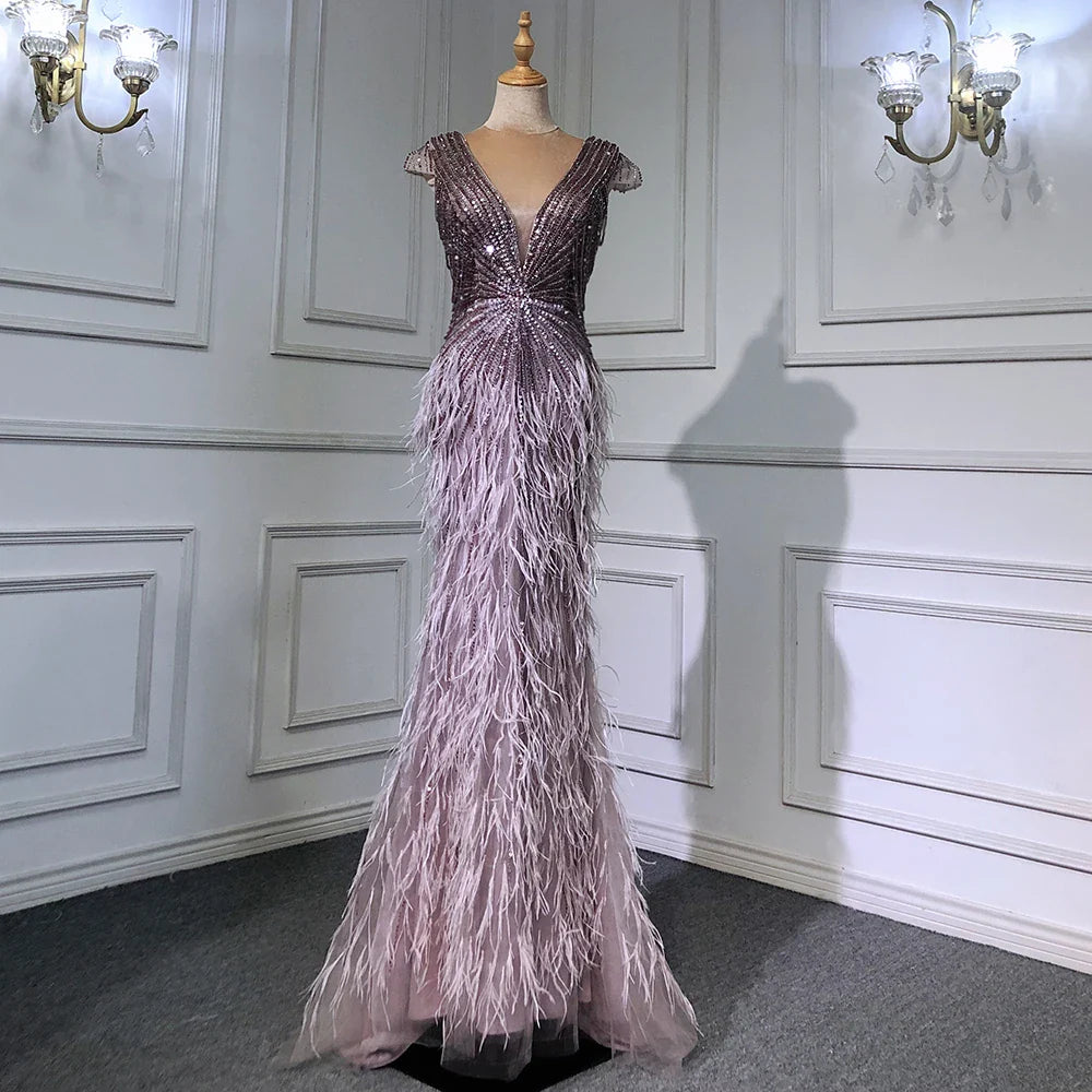 Brown Mermaid Elegant Luxury Beaded Evening Dress Gown with Feathers LA70801