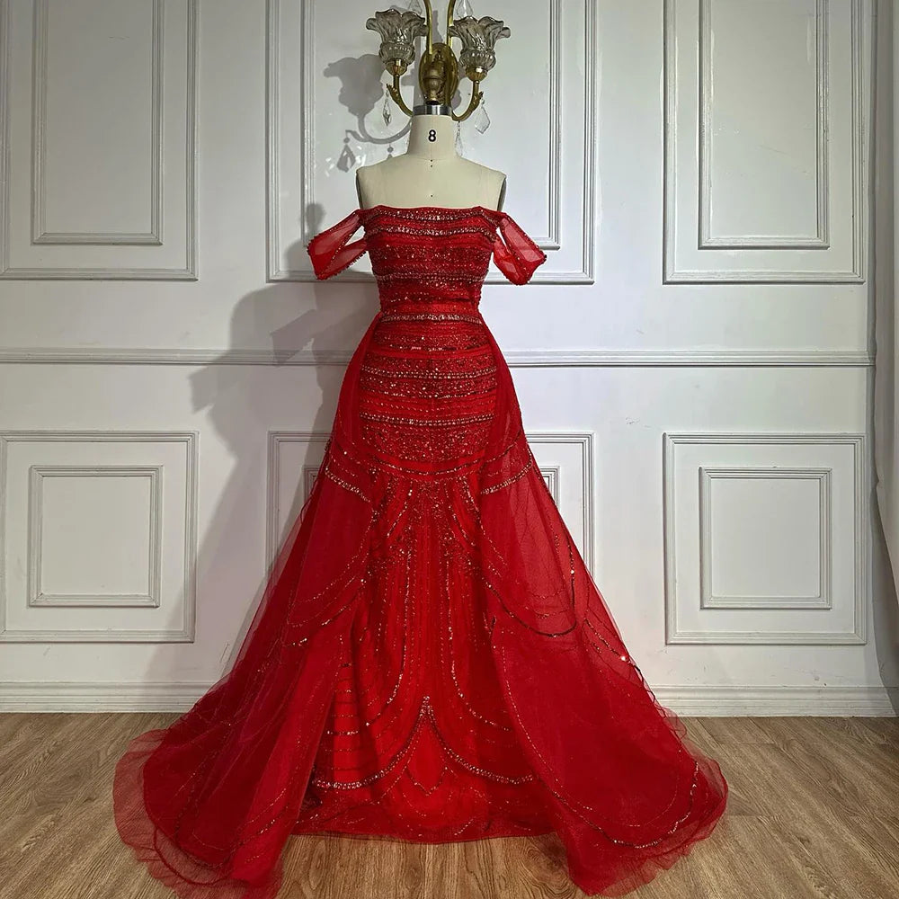 Luxury Pink Mermaid Beaded Evening Gown with Detachable Satin Overskirt LA72781