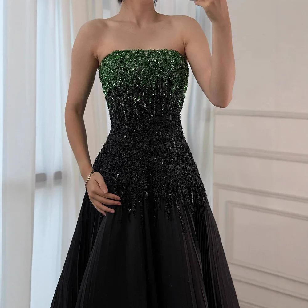 Luxury Beaded Black Green Off Shoulder Dubai Evening Dress for Party LA72406