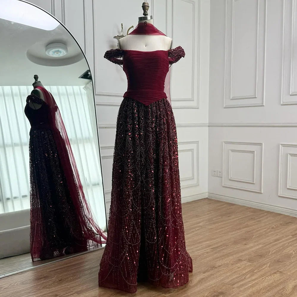 Luxury Arabic Pink Pearls Beaded Evening Dress With Cape LA72922