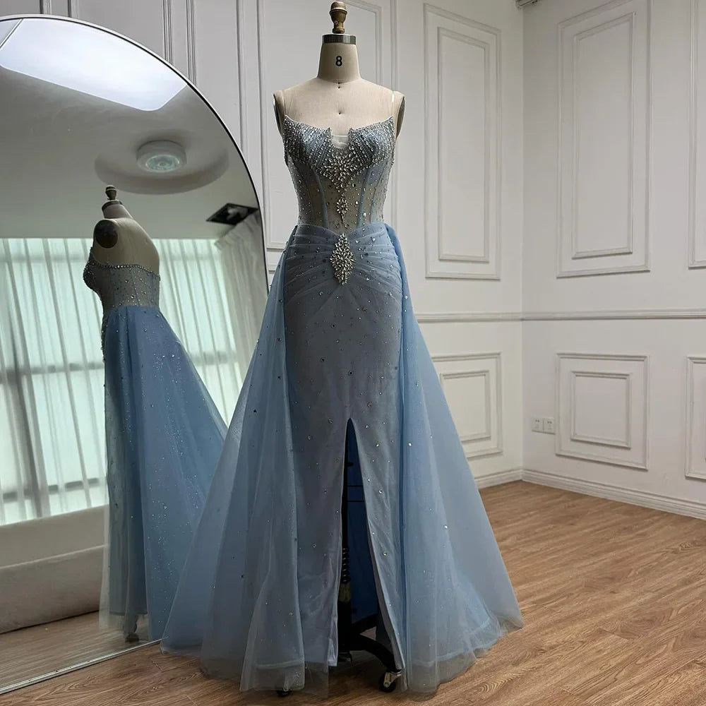 Luxury White Nude Beaded Evening Dress with Overskirt LA73107