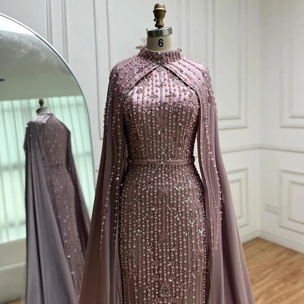 Modest Blue Muslim Beaded Evening Gown with Cape Sleeves LA72533
