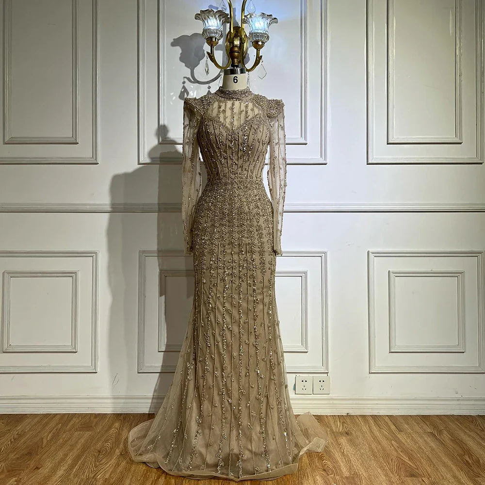 Modest Caramel Mermaid Evening Dress With Long Sleeve LA72826A