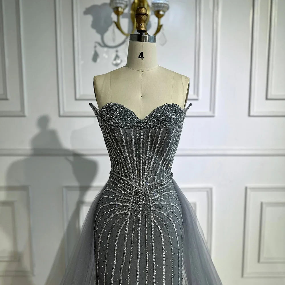 Strapless Pink Pearls Beaded Arabic Mermaid Evening Dress with Overskirt LA72811B
