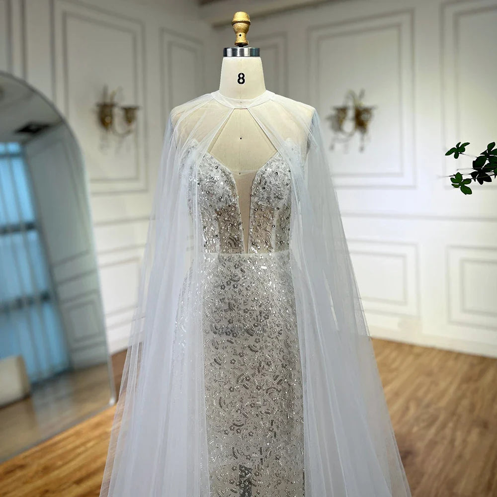 Luxury White Sequin Mermaid Evening Dress with Cape LA72996