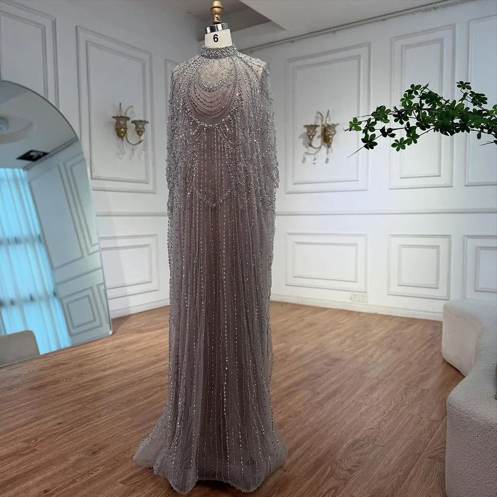 Luxury Silver Nude Beaded Mermaid Evening Dress with Cape LA72484A