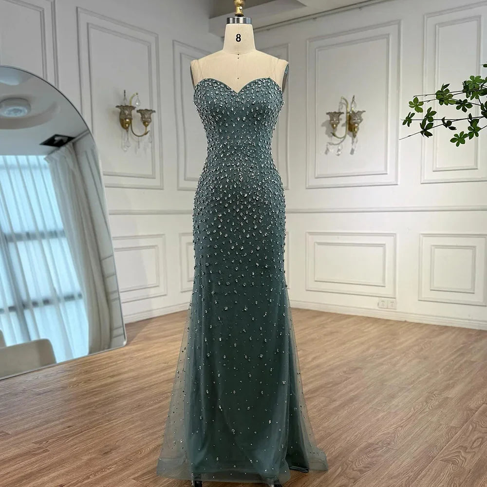 Luxury Turquoise Two Pieces Beaded Mermaid Evening Dress with Detachable Top LA73095