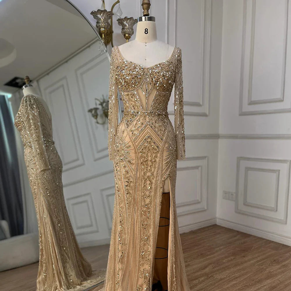 Luxury Dubai Beaded Evening Dress With Long Sleeve LA72518