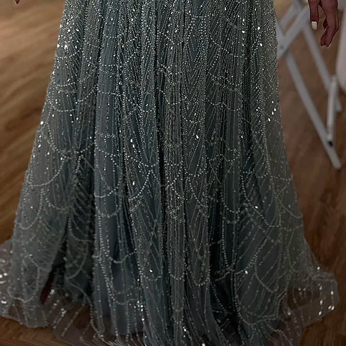 Luxury Olive Green Beaded A-Line Modest Evening Dress LA72738B