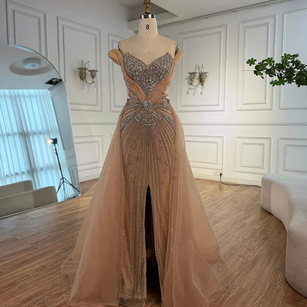 Luxury Nude Beaded Mermaid Evening Dress with Overskirt and Slit LA73034