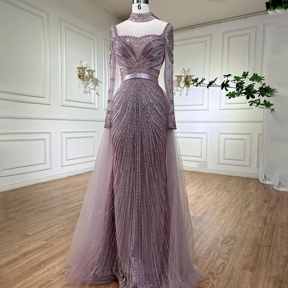 Luxury Nude Modest Beaded Tassel Mermaid Evening Dress LA71533