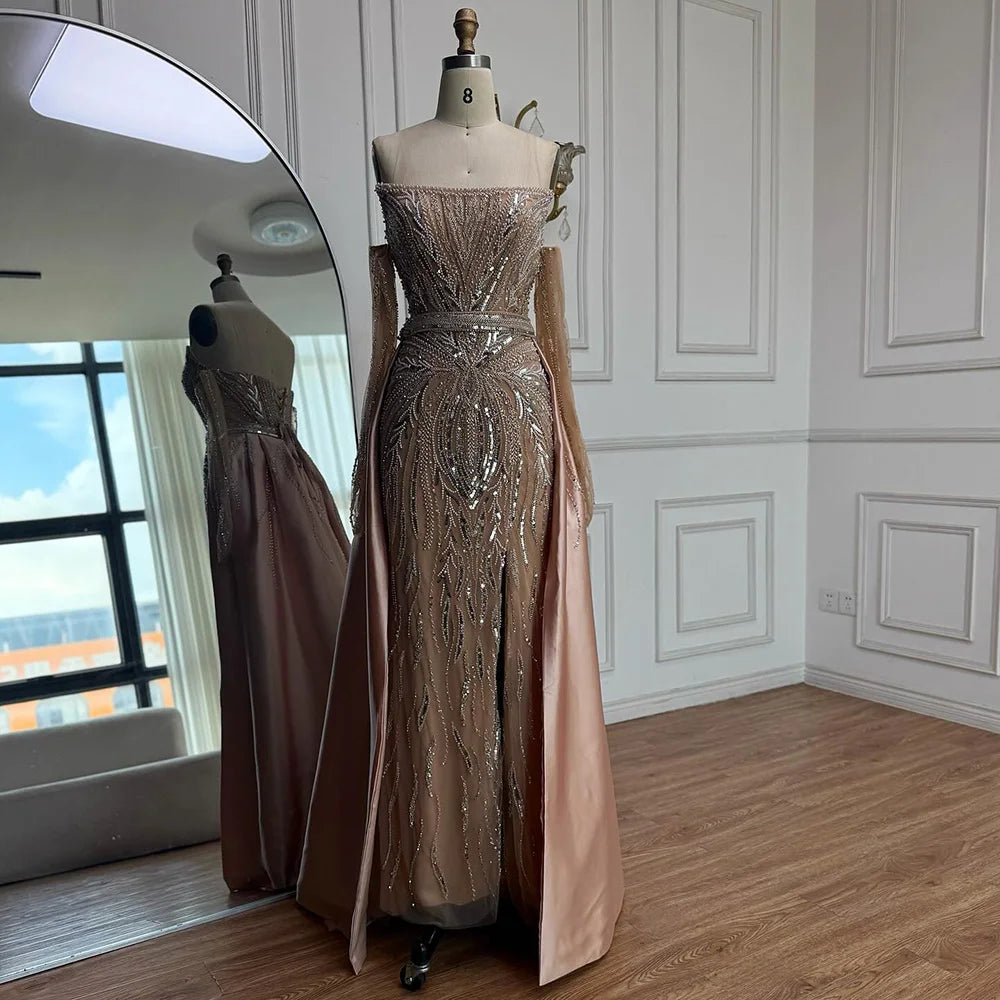 Luxury Wine Red Beaded Evening Dress Gown with Gloves and Overskirt LA72935