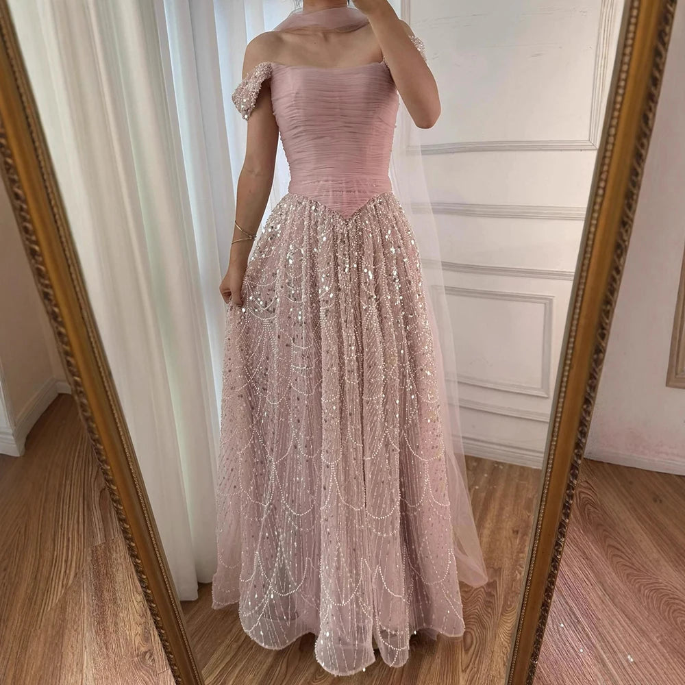Luxury Arabic Pink Pearls Beaded Evening Dress With Cape LA72922