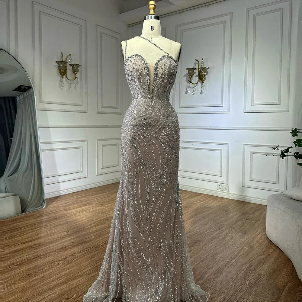 Luxury Dubai Nude Beaded One-Shoulder Evening Gown with Crystal for Formal Occasion LA72872