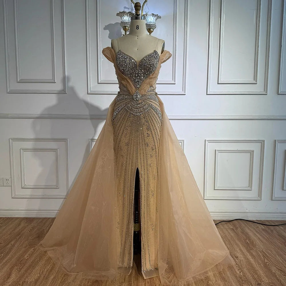 Luxury Nude Beaded Mermaid Evening Dress with Overskirt and Slit LA73034