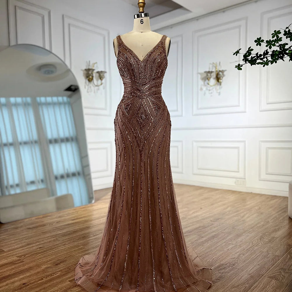 V Neck Beaded Sleeveless Mermaid Evening Dress LA73013