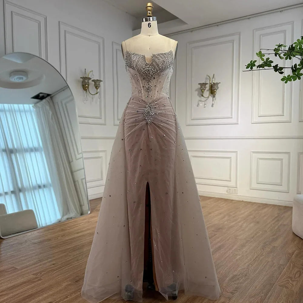 Luxury White Nude Beaded Evening Dress with Overskirt LA73107