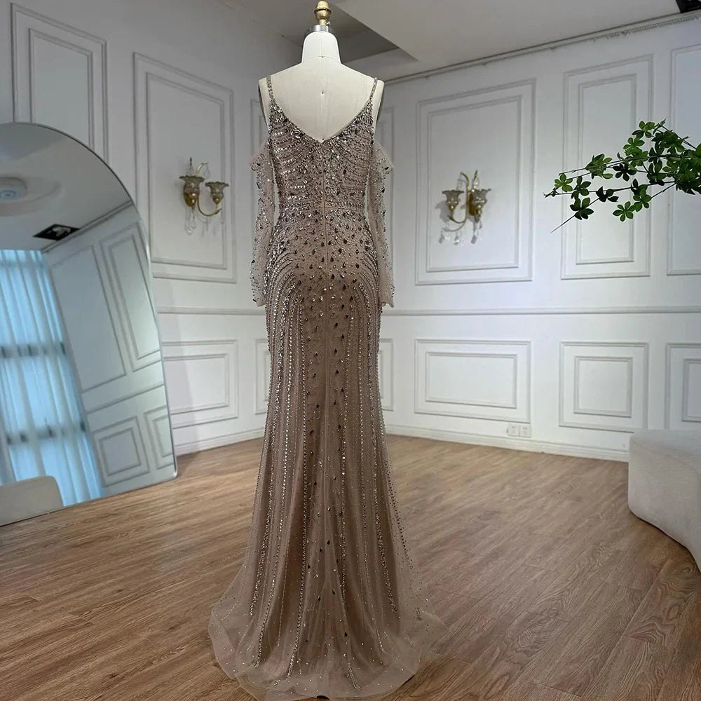 Luxury Nude Navy Blue Silver Beaded Evening Dress with Long Sleeves LA73120