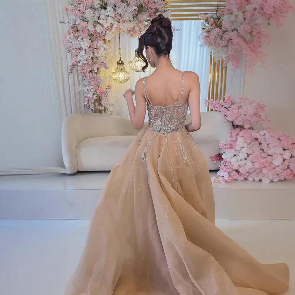 Nude Strapless Beaded Mermaid Evening Dress with Overskirt LA73090
