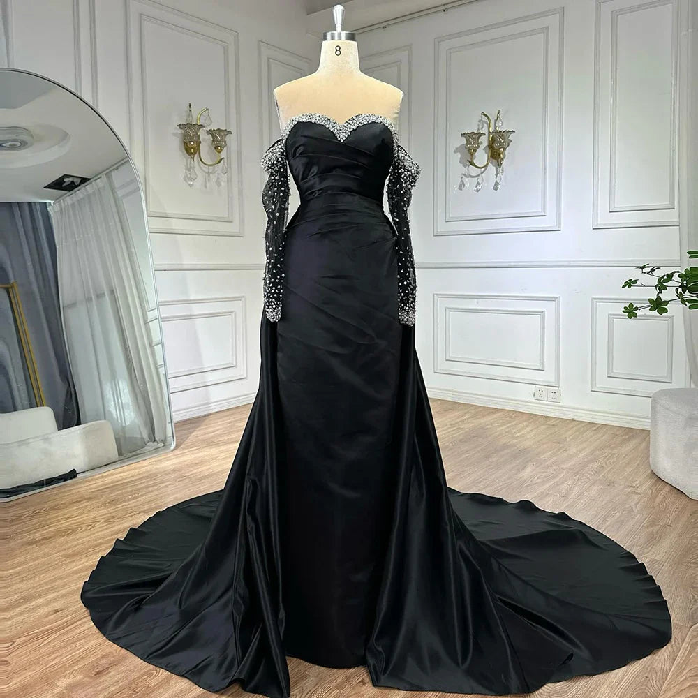 Elegant Yellow Mermaid Beaded Evening Gown with Detachable Sleeves LA72777