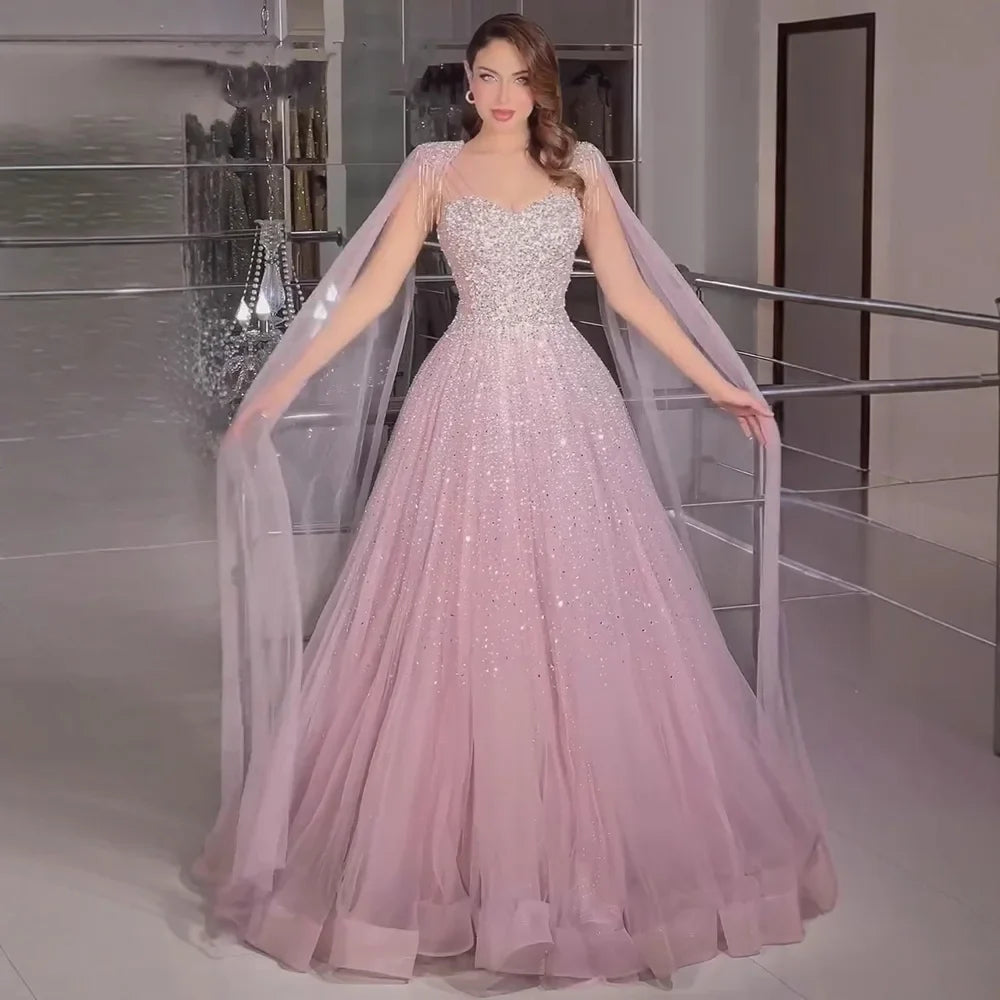 Luxury Pink Tulle Beaded A-Line Evening Dress with Cape Sleeves LA73072