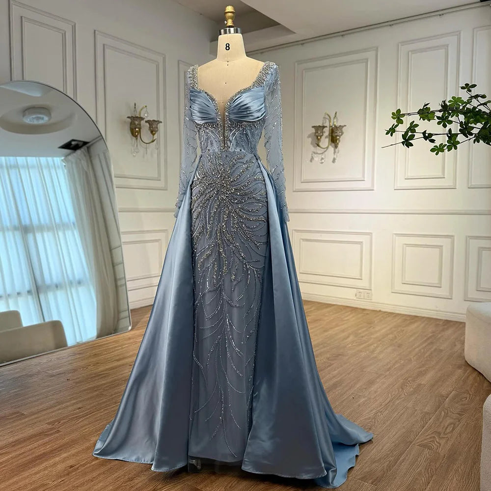 Luxury Muslin Blue hijab Evening Dress With Long Sleeves LA72963