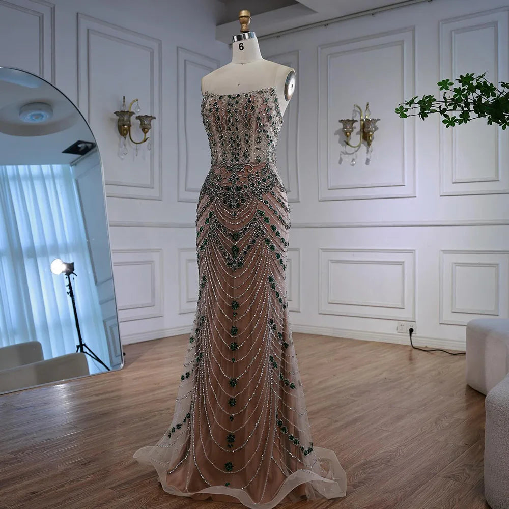 Luxury Green Beaded Saudi Arabic Evening Gown for Formal Occasion LA72842