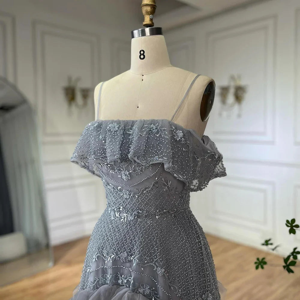 Luxury Dubai Arabic Gray A-Line Off-The-Shoulder Beaded Luxury Saudi Evening Gown for Formal Occasion LA72762