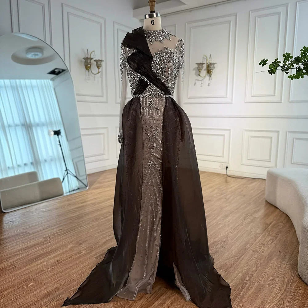 Silver Nude Beaded Long Sleeve Arabic Evening Dress LA72769A